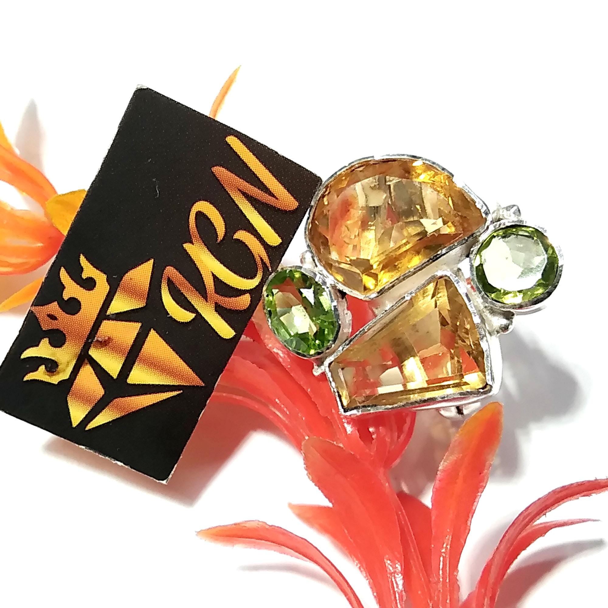 Natural Citrine/Peridot Faceted Gemstone Ring, 925 Sterling Silver Jewelry Ring, Natural Gemstone Ring Handmade Jewelry, For Girls/Women